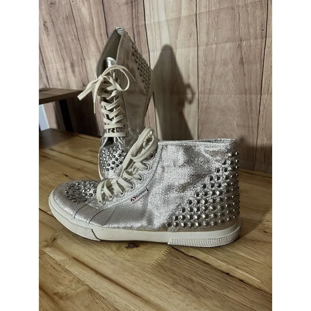 Superga Womens 9 US High Tops Silver Glitter Studded lace up